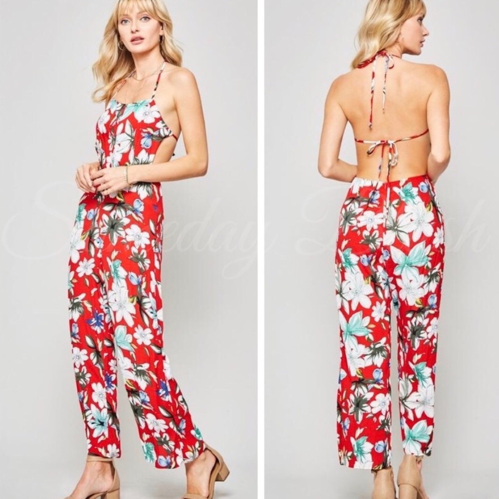 New! Red Floral halter backless jumpsuit - Picture 2 of 2